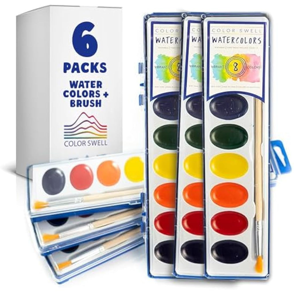 Color Swell 6-Set Watercolour Paint Pack | 8 Washable Colours with Brushes