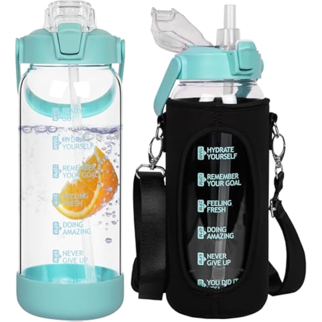 Seekua 2L Glass Water Bottle with Straw - Motivational Gym Bottle