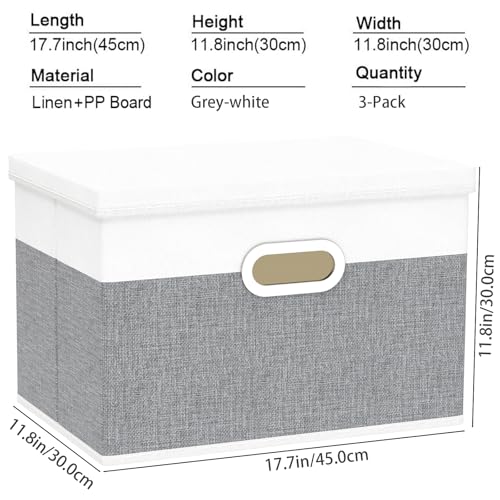 Yawinhe Collapsible Fabric Storage Bins with Lids - 3 Pack, White/Grey