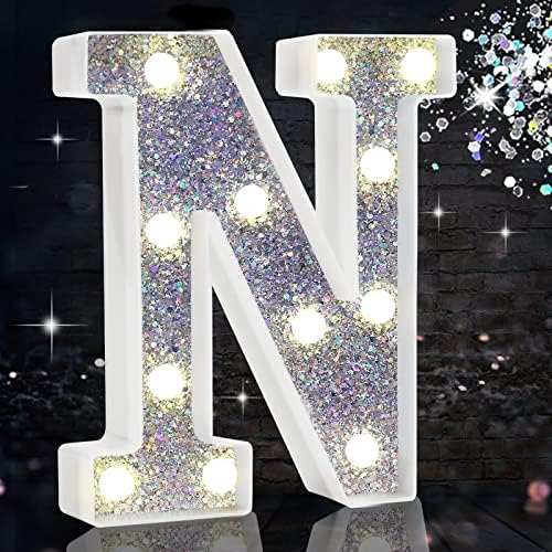 Jolof Store Silver LED Marquee Letter N - Glitter Alphabet Night Light