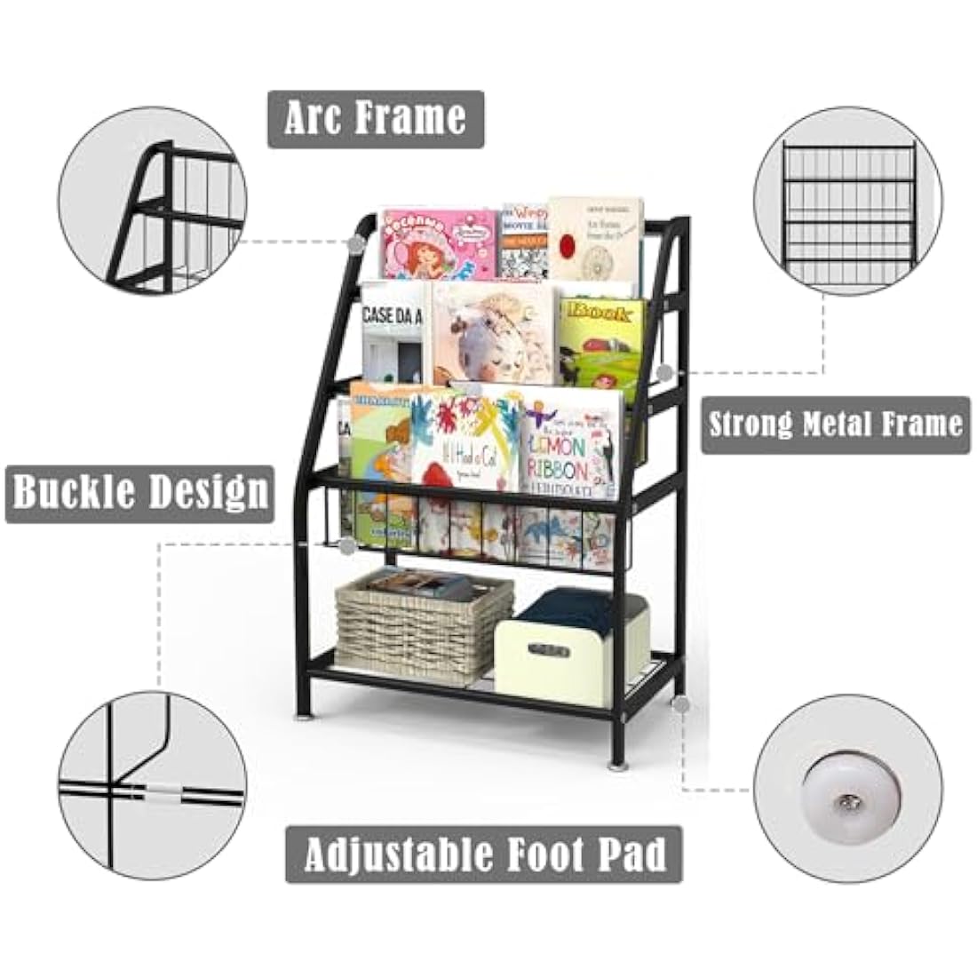 Huhote Kids Bookshelf – Metal Book and Toy Storage Organizer, Black