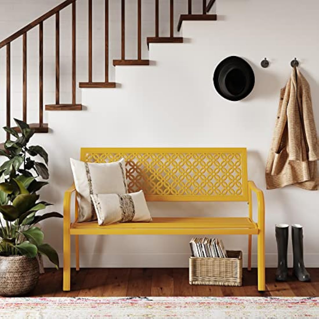 Grand Patio Garden Bench – 3-Seater Rust-Resistant Metal Park Bench, Yellow