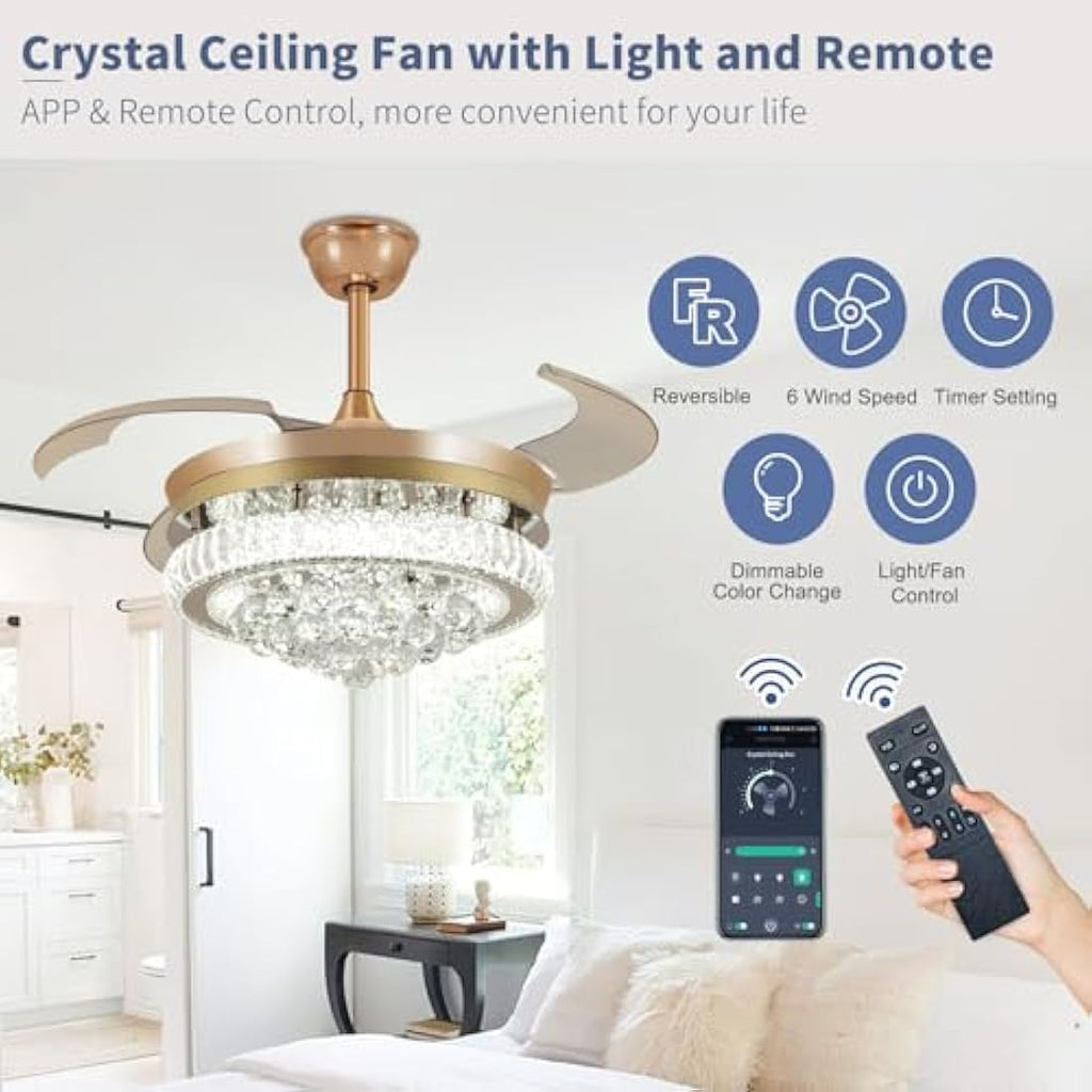 Depuley 42" Smart Crystal Ceiling Fan – Retractable Dimmable Fandelier