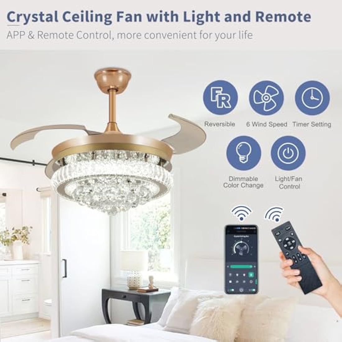 Depuley 42" Smart Crystal Ceiling Fan – Retractable Dimmable Fandelier