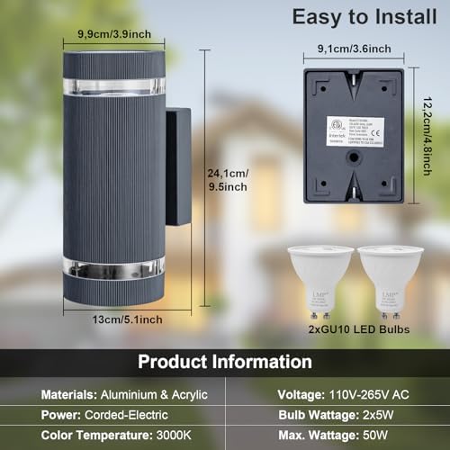 LMP Modern Outdoor Wall Lights – IP65 Grey Up Down Exterior Sconce