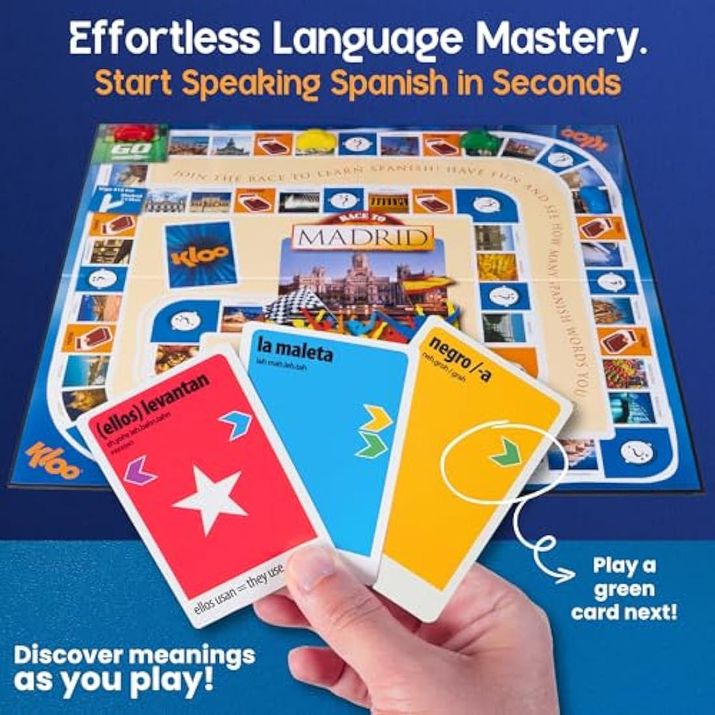KLOO Spanish Board Game – Race to Madrid Language Learning Flash Cards