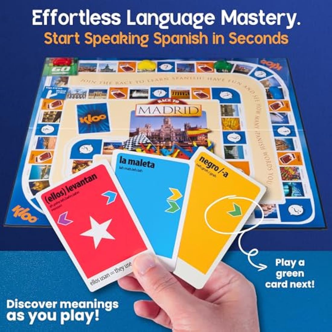KLOO Spanish Board Game – Race to Madrid Language Learning Flash Cards