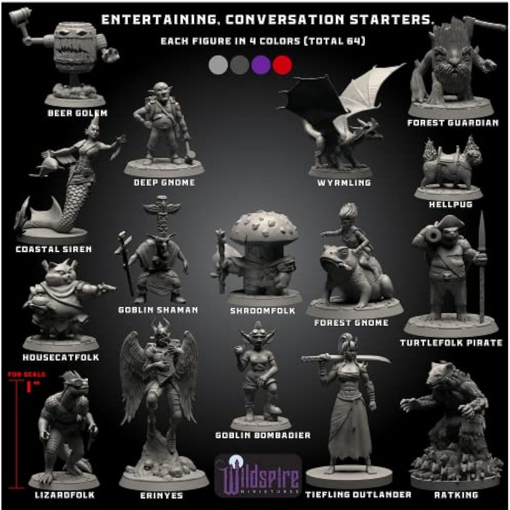 Wildspire Fantasy DND Miniatures - 68 Unpainted Bulk Figures with Dragon