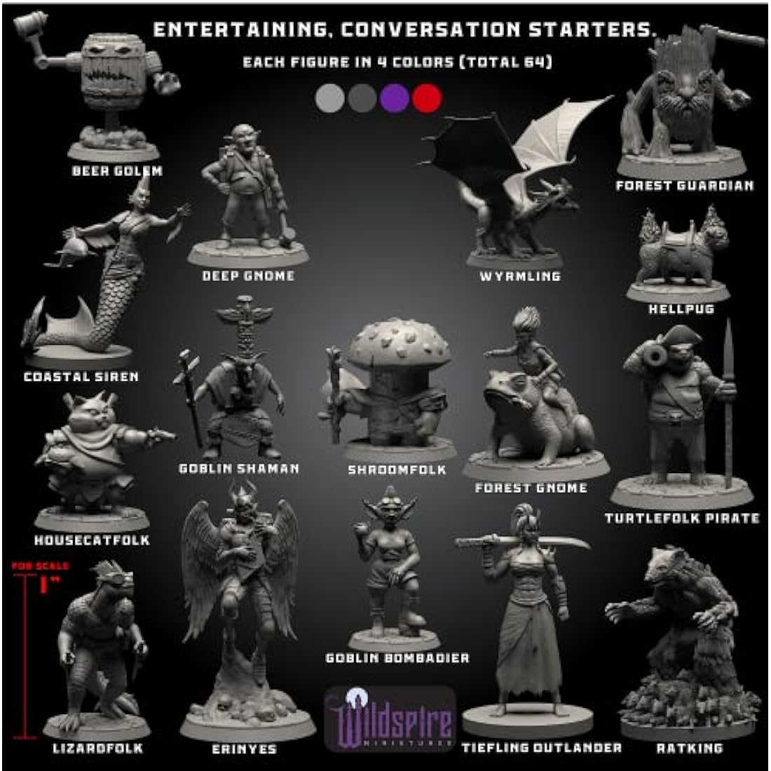Wildspire Fantasy DND Miniatures - 68 Unpainted Bulk Figures with Dragon