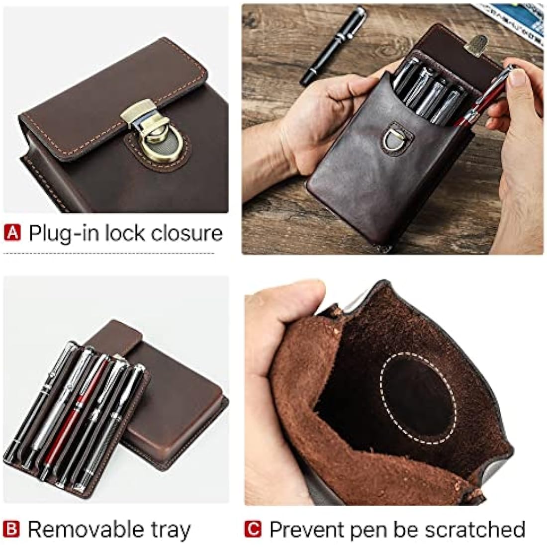 Hiram Full Grain Leather Pen Case | 5 Pen Storage with Brass Lock - Coffee