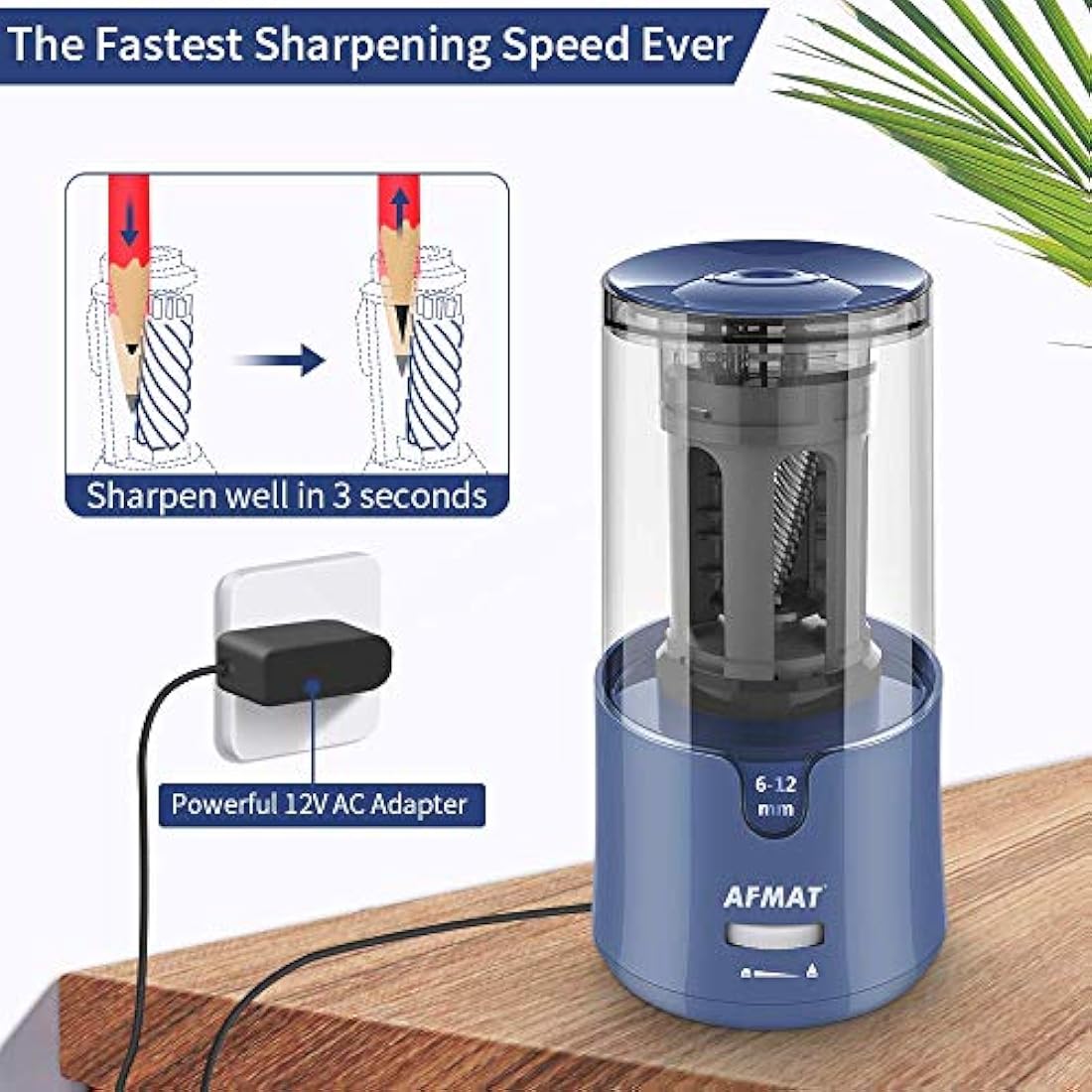 AFMAT Electric Pencil Sharpener – Fast Heavy Duty for 6-12mm Pencils, Blue