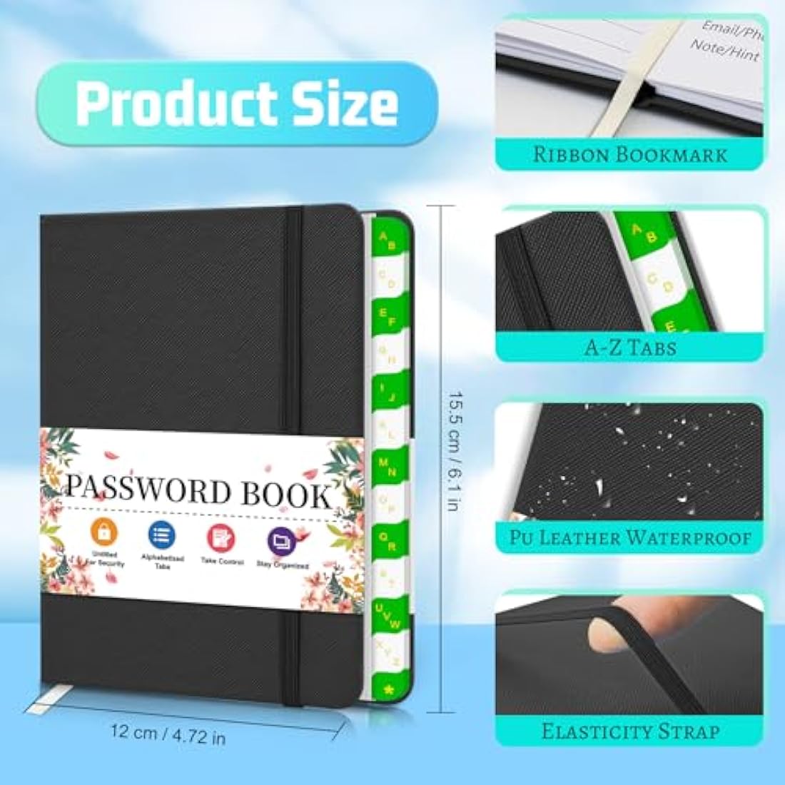 BLESWIN Password Book with Alphabetical Tabs - Small Internet Logbook, Black