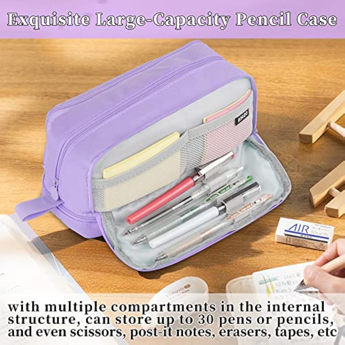 Tesmien Large Pencil Case | 4-Compartment Canvas Stationery Bag - Purple