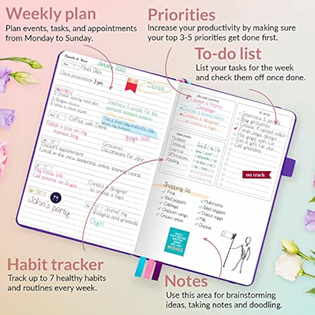 GoGirl Undated Weekly Planner – A5 Eco-Leather Goal Journal, Purple