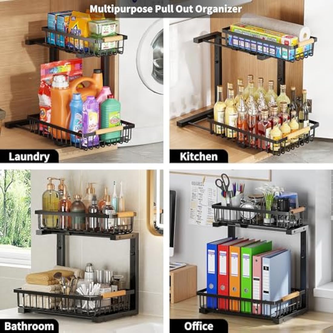 ROLIZOE Under Sink Storage - 2 Tier Height Adjustable Sliding Organiser