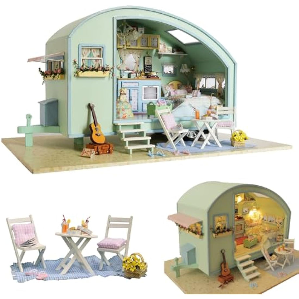 Cuteroom DIY Miniature Wooden Dollhouse Kit – Caravan Model with Music Box
