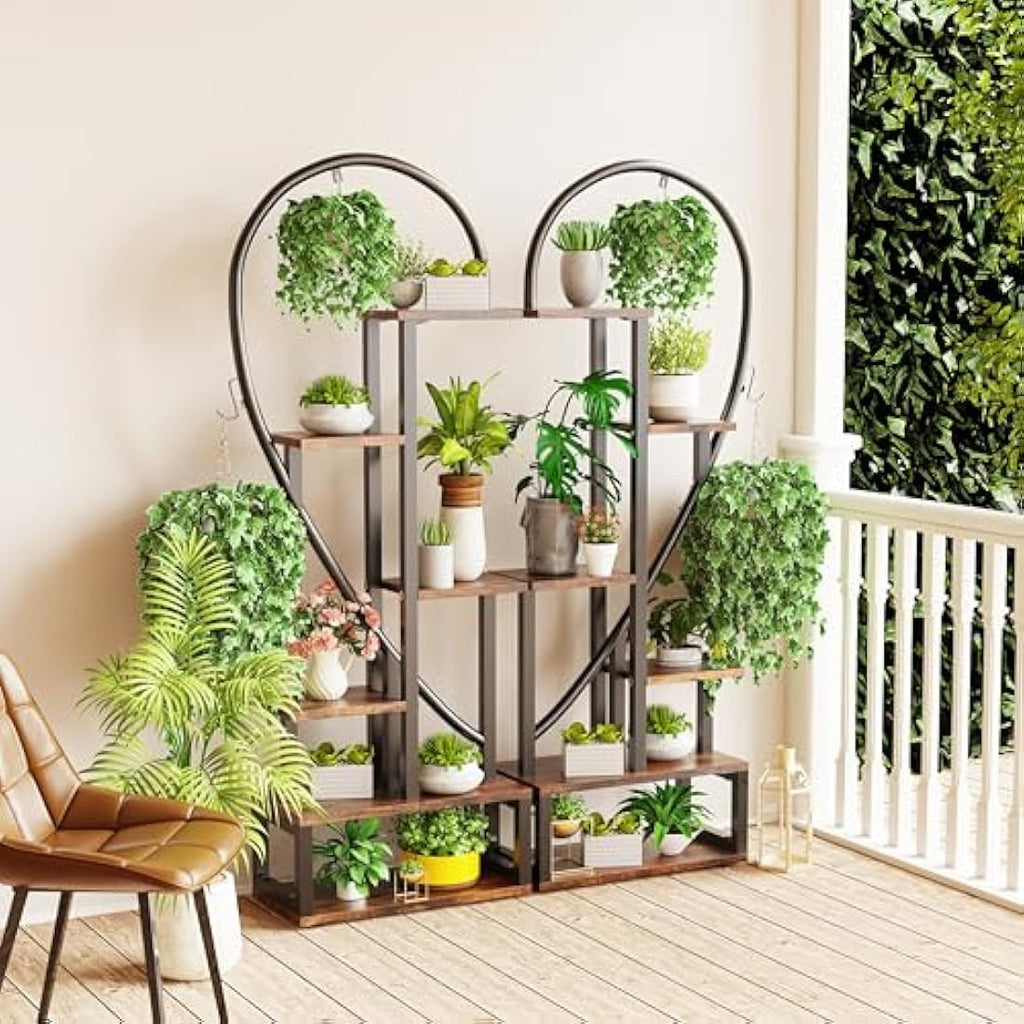 unho 6-Tier Heart Shaped Plant Stand – Tall Wood and Metal Flower Rack