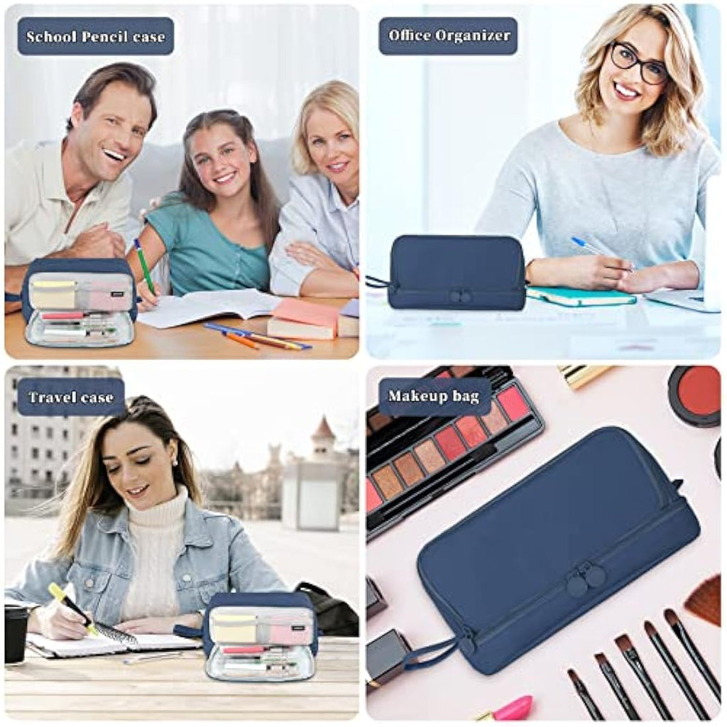 Tesmien Large Pencil Case | 4-Compartment Canvas Stationery Bag - Dark Blue