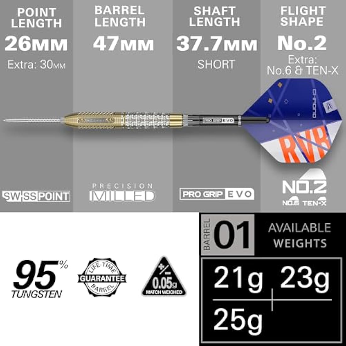 Target Darts RVB Chrono 95% Tungsten Steel Tip Swiss Point Dart Set
