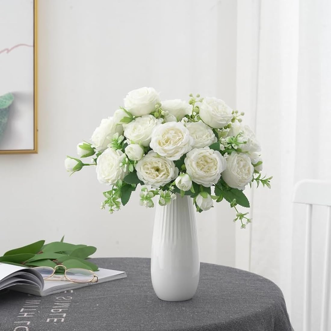 FADACHY White Real Touch Silk Peonies – 4 Bunches Artificial Flower Bouquet