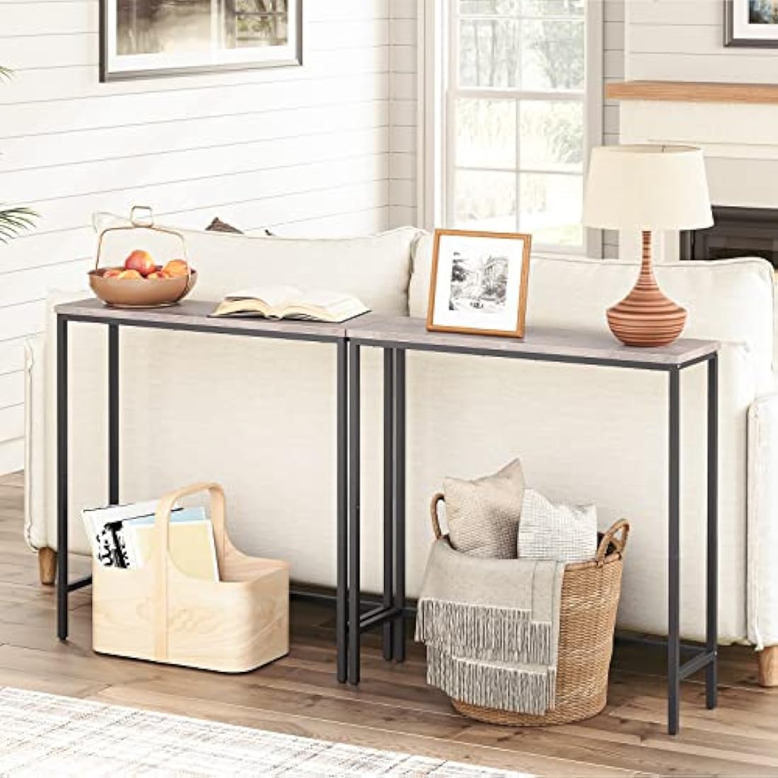 HOOBRO Slim Console Table - Industrial Metal Entryway Sofa Table, Greige