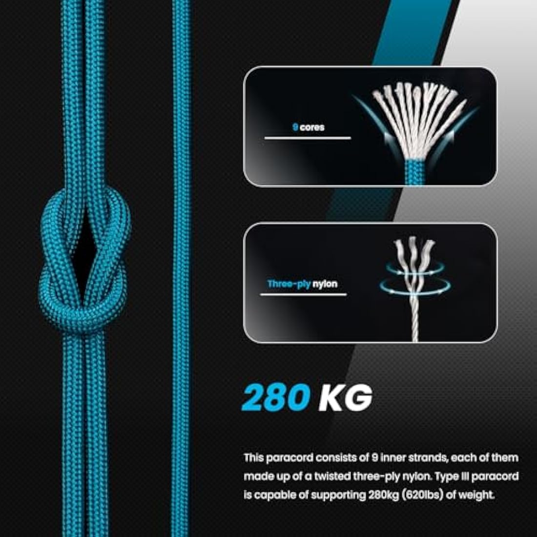 Abma Cord 4mm Type III Nylon Paracord | 9 Strands 100m Rope - Teal