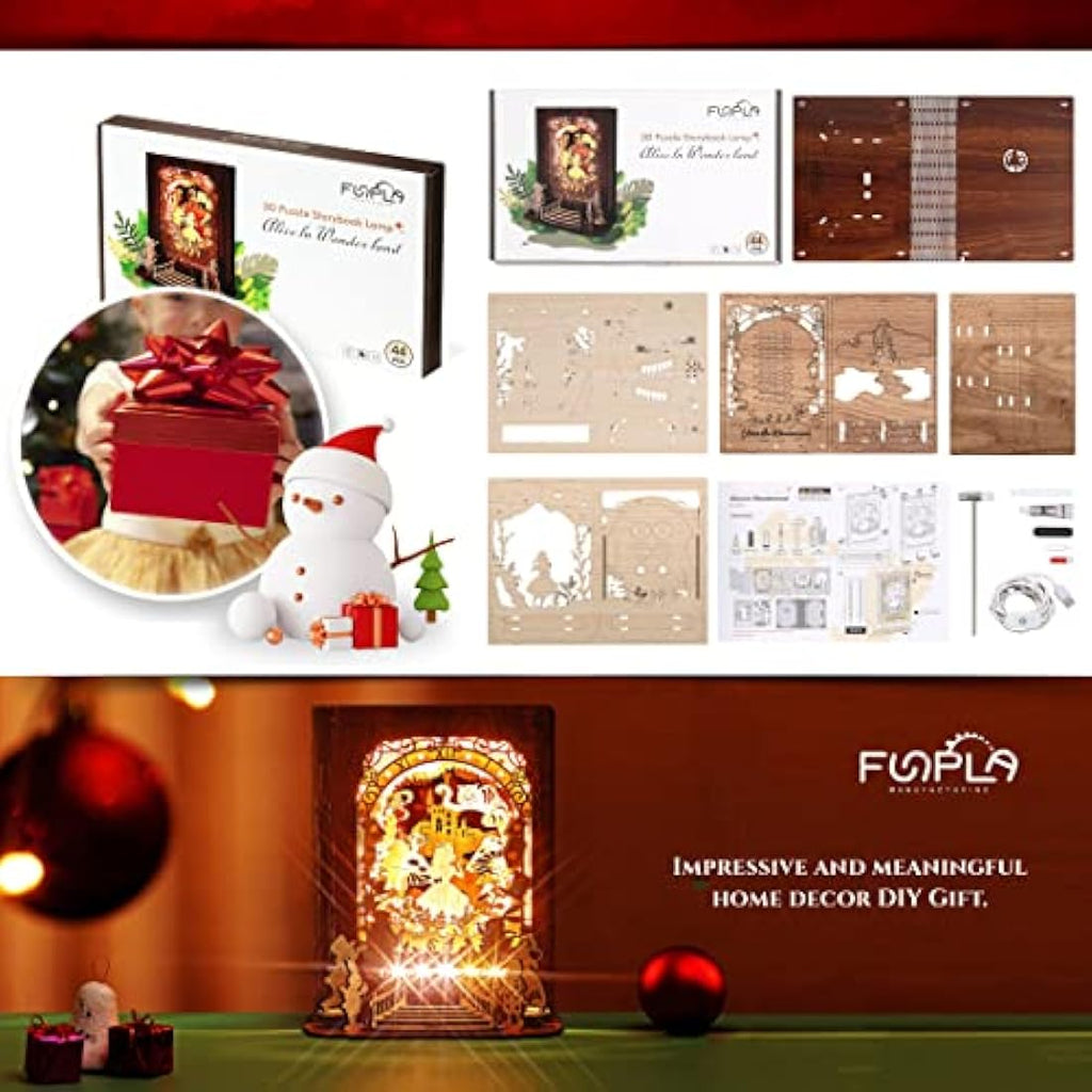 FUNPOLA Alice in Wonderland 3D Wooden Puzzle LED Nightlight DIY Kit