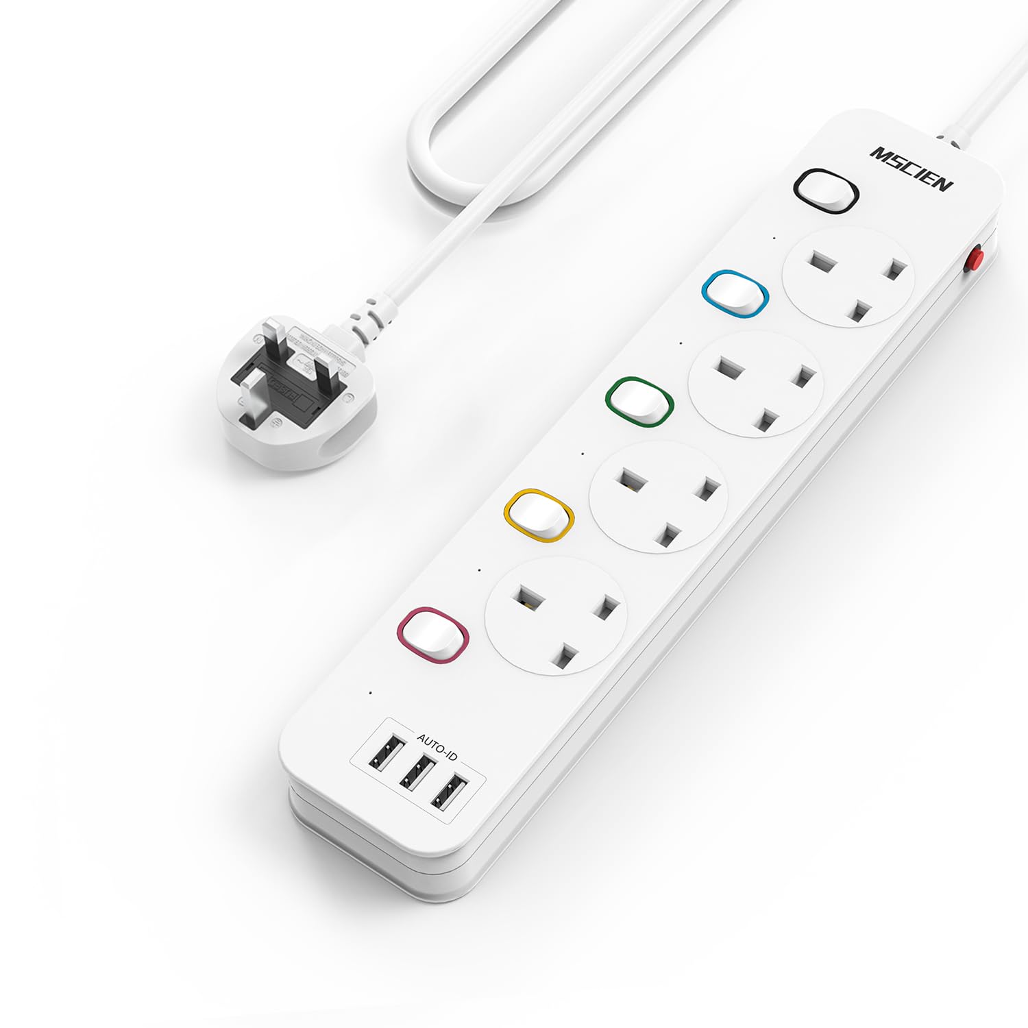 Mscien 4 Way Extension Lead with 3 USB Slots and Individual Switches – 4M