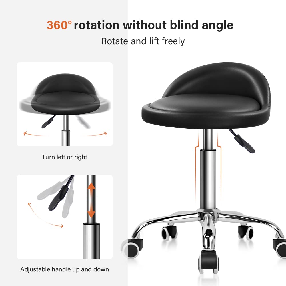 KKTONER PU Leather Rolling Stool with Backrest | Adjustable Swivel Chair