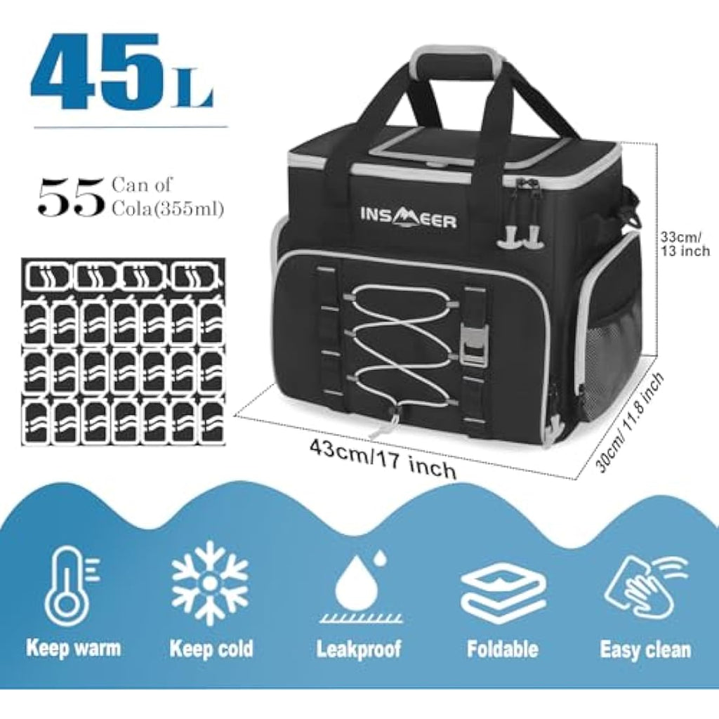 INSMEER 45L Large Insulated Cooler Bag – 55 Can Leak-Proof Foldable Bag