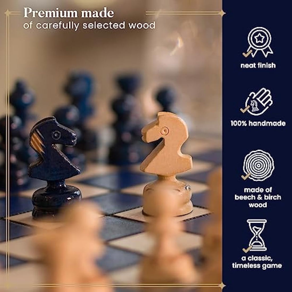 Master of Chess 13.8" Blue Wooden Chess Set – Handmade Travel Board