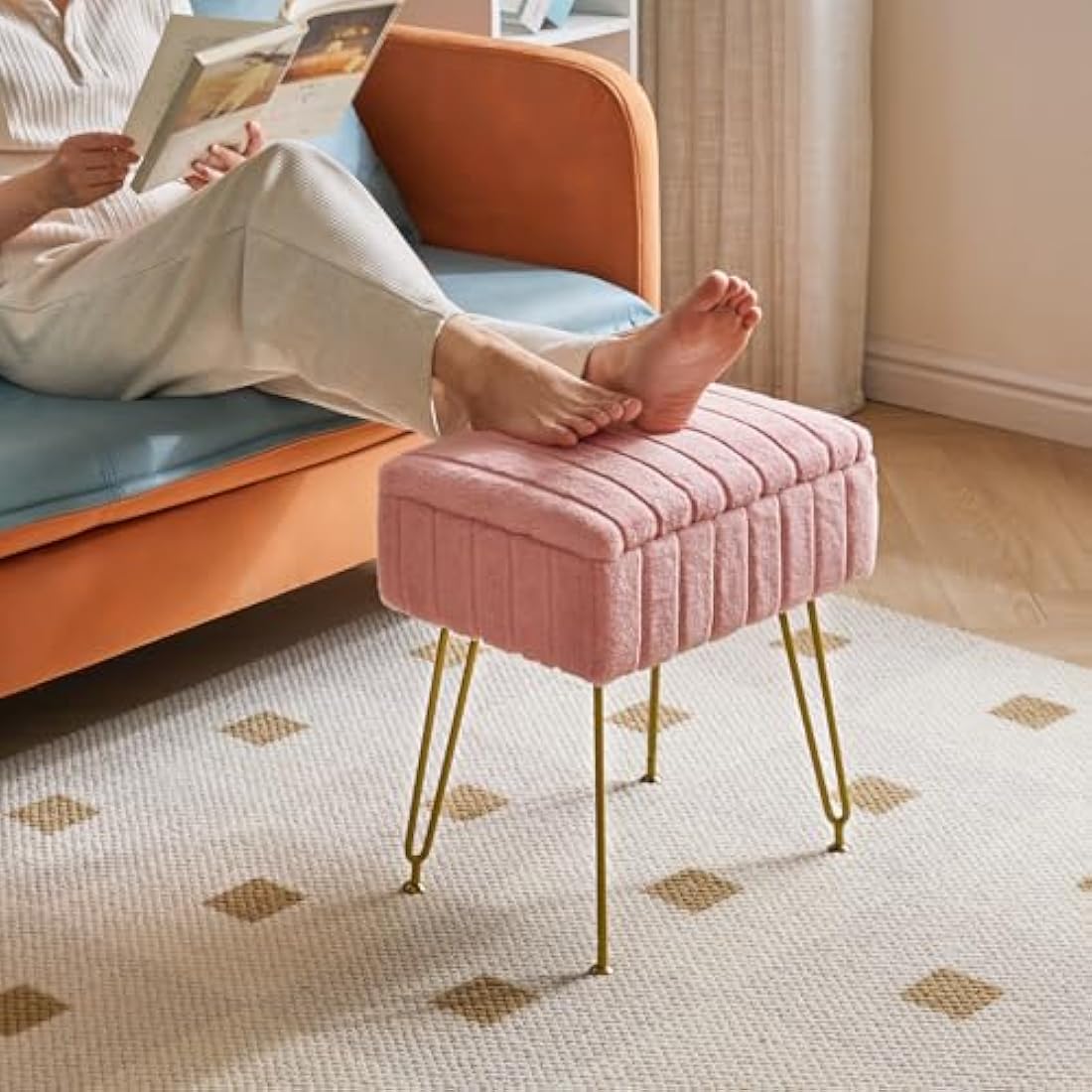 IBUYKE Faux Fur Storage Ottoman Stool – Pink Makeup Vanity Footrest