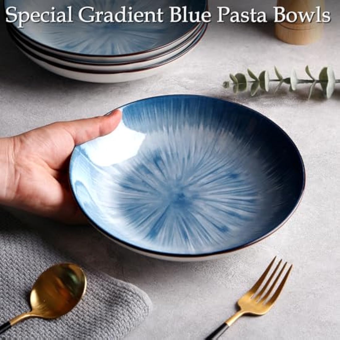 NUTRIUPS 8-Inch Ceramic Pasta Bowls - Set of 6 Blue Porcelain Plates