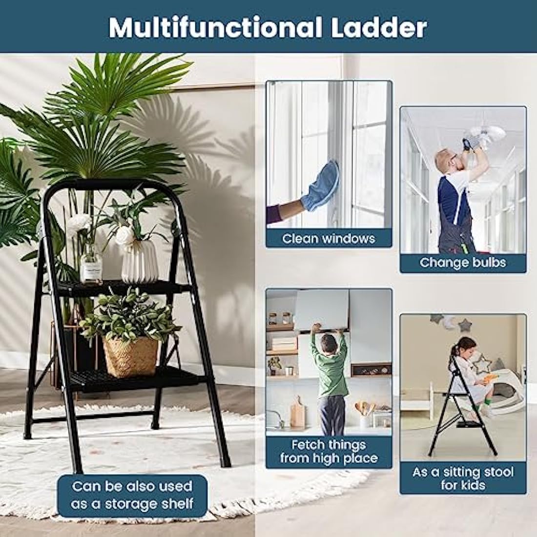 TANGZON 2-Step Folding Ladder | Heavy-Duty Steel Stool with Handrail