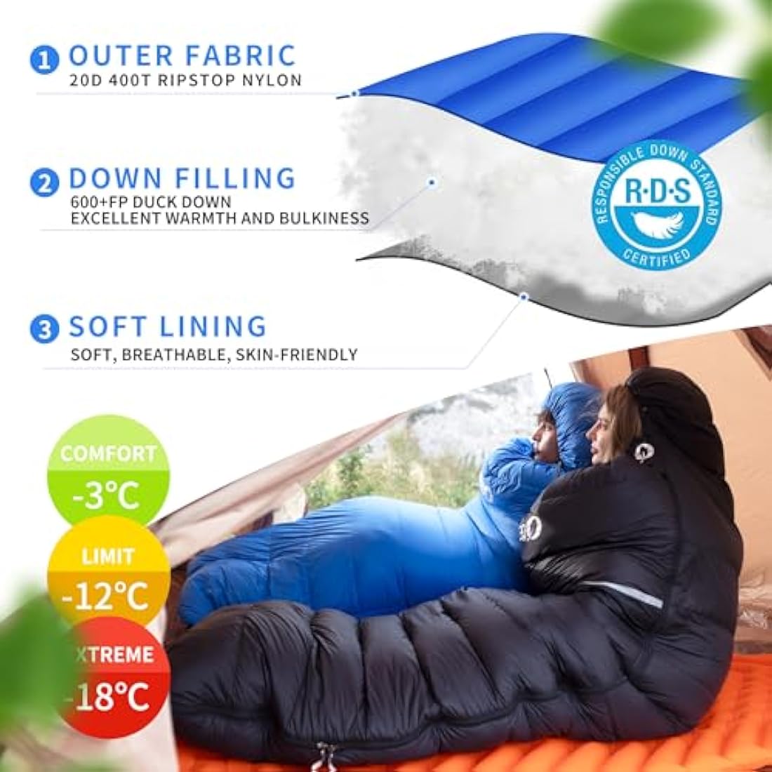 QEZER Down Sleeping Bag | Lightweight 4-Season Rectangular Nylon Bag