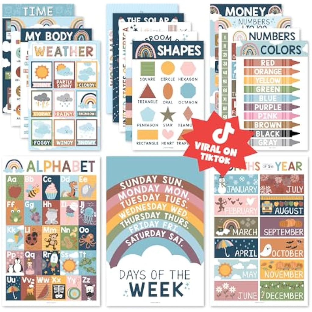 Hadley Designs 16 Boho Kids Educational Posters for Toddlers & Pre-K