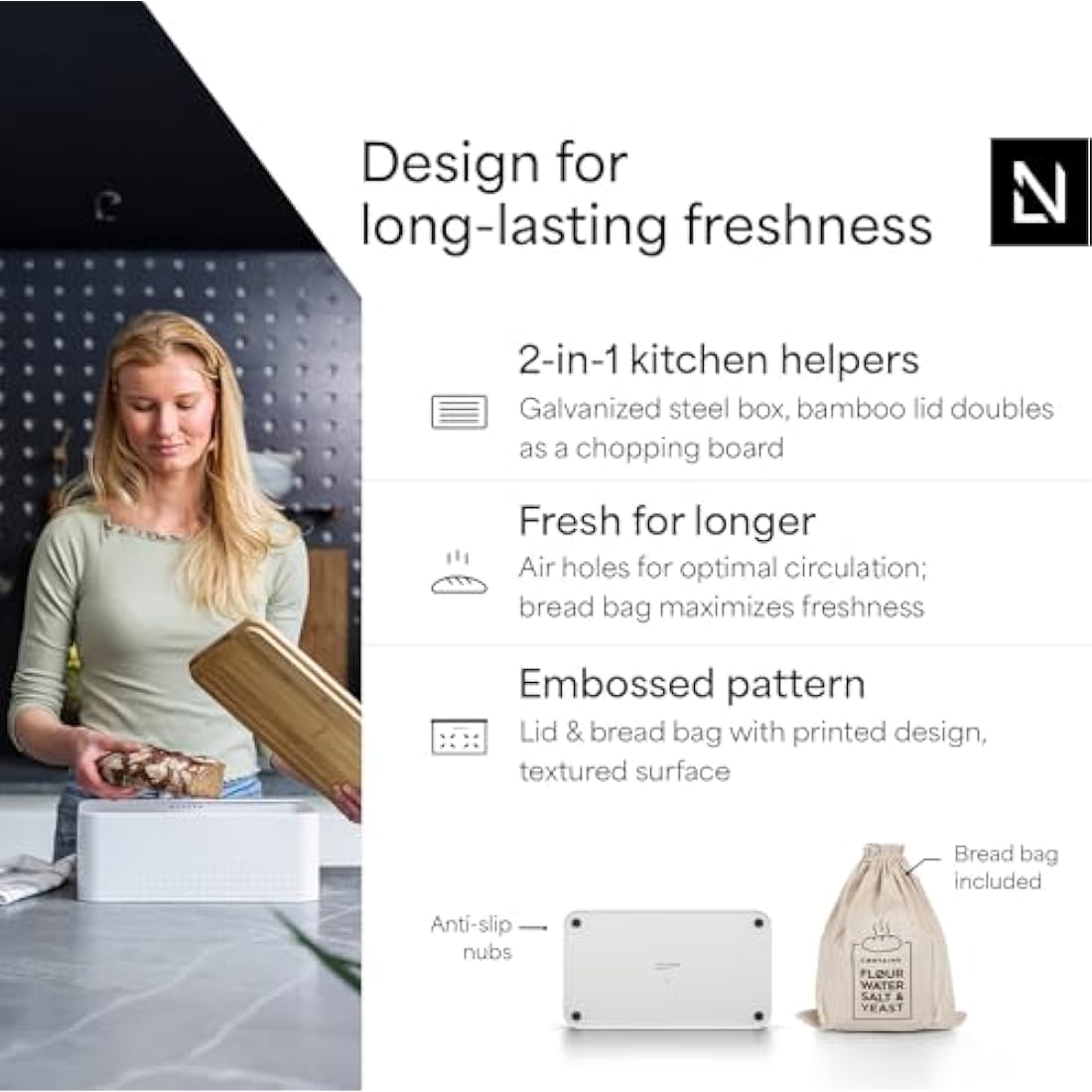 LARS NYSØM Metal Bread Bin with Bamboo Cutting Board Lid - Pure White