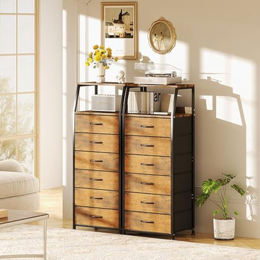 6-Drawer Fabric Dresser – Rustic Brown Tall Storage Chest