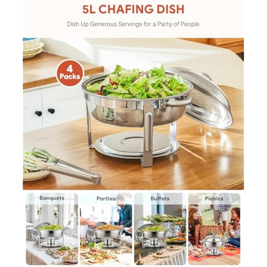 Wilprep 4-Pack Round Chafing Dish Buffet Set | 5L Stainless Steel Food Warmers