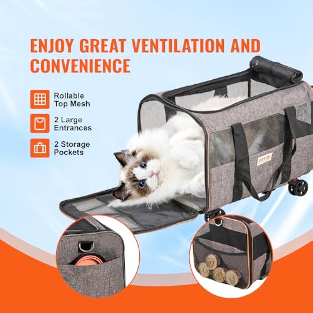 VEVOR Rolling Cat Carrier - Airline Approved Wheeled Pet Bag, Grey