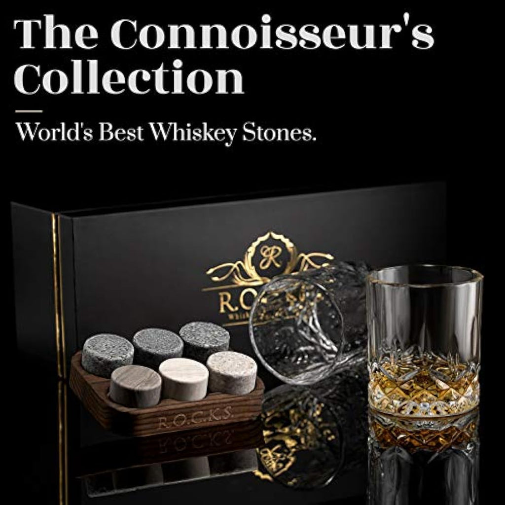 ROCKS Whiskey Chilling Stones Gift Set | 6 Granite Rocks & 2 Crystal Glasses