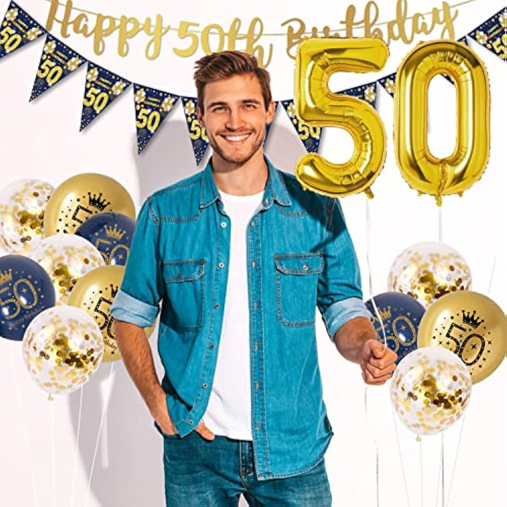 Jolof Store 50th Birthday Decorations Kit – Navy Blue & Gold Party Set