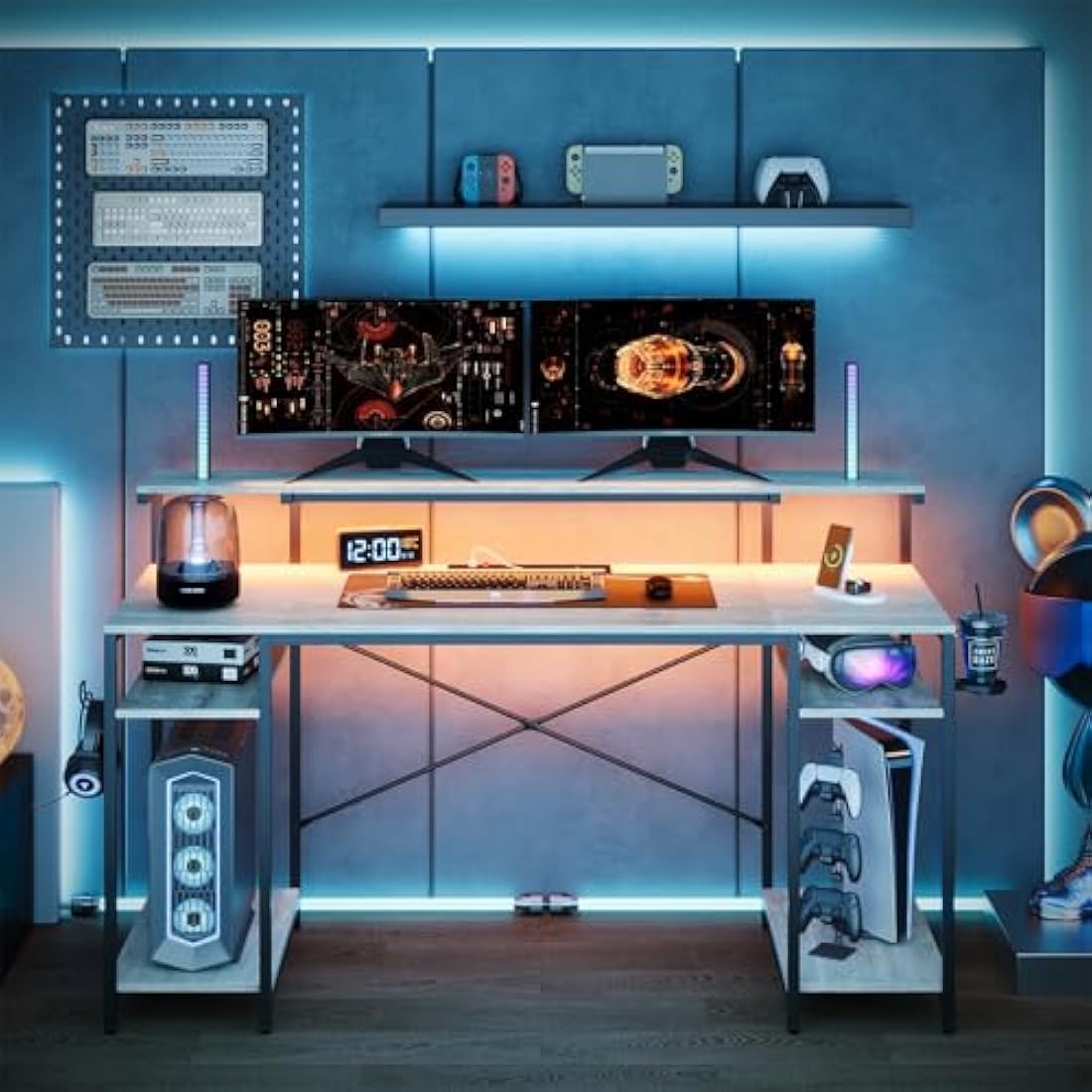Bestier 140cm Gaming Desk with LED Lights, Power Outlets & Monitor Shelf