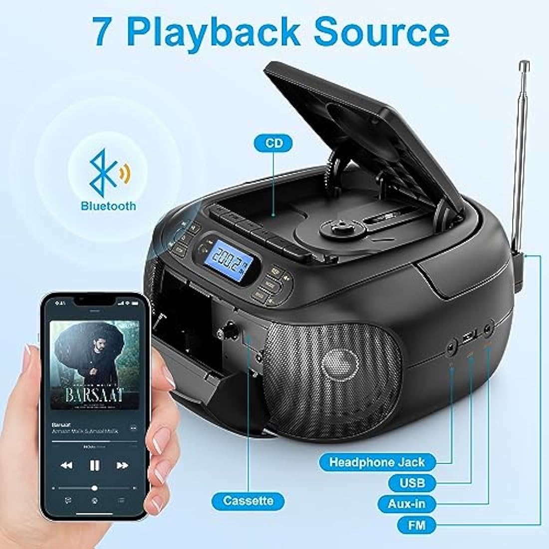 Hernido Portable CD Cassette Player Boombox | Rechargeable FM Radio Stereo