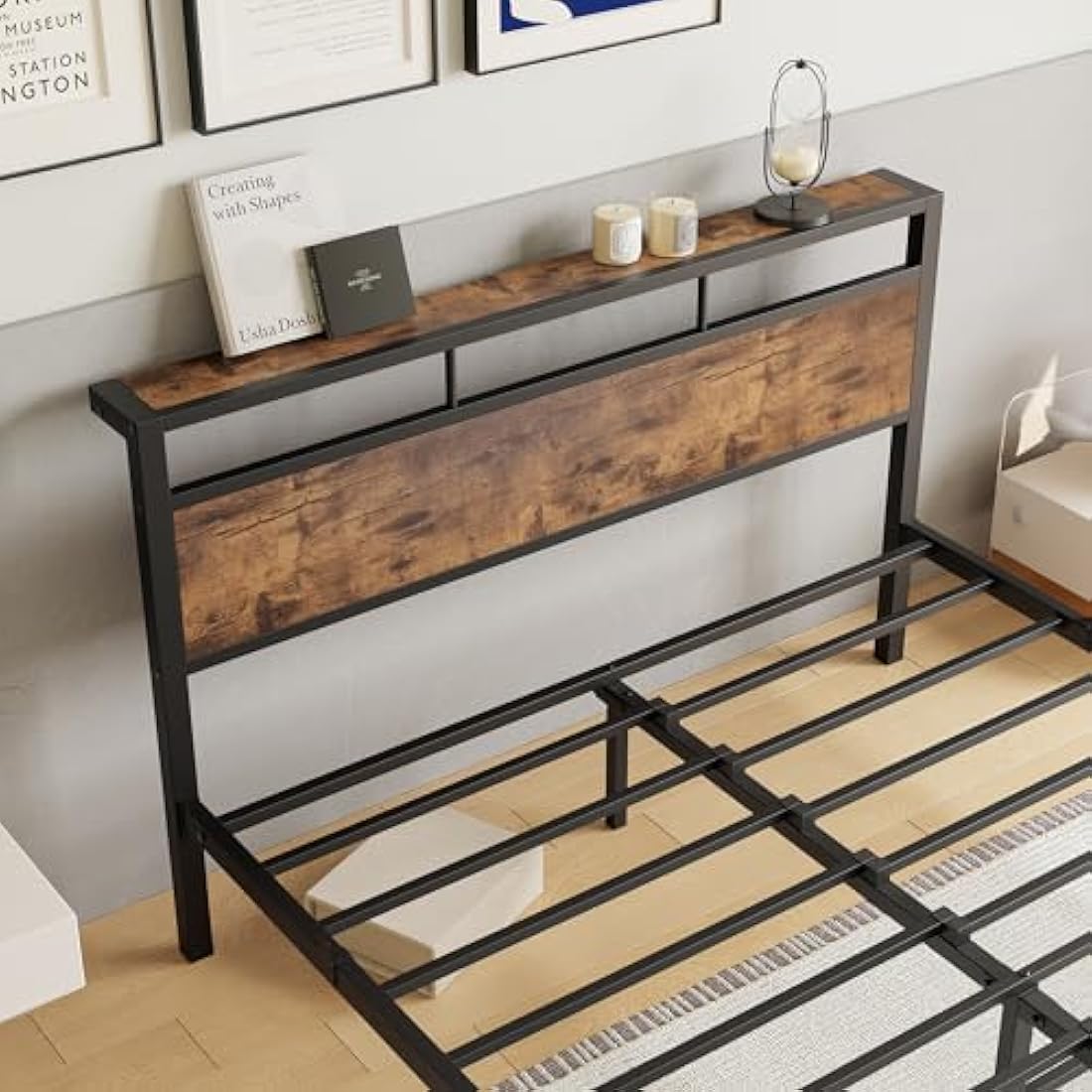 JELUTE Double Metal Platform Bed Frame with Storage Headboard - Black