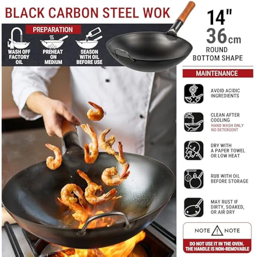 Yosukata 14" Carbon Steel Wok – Round Bottom Pre-Seasoned Chinese Pan