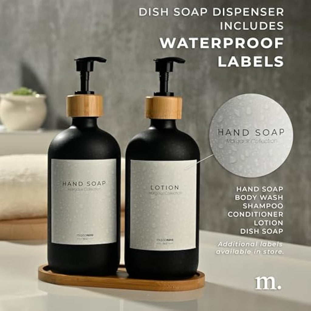 MaisoNovo Soap and Lotion Dispenser Set of 3 | Bamboo Pumps and Tray
