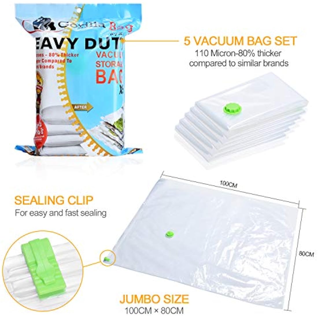 Gorilla Bags Heavy Duty Vacuum Storage Bags | 5 Pack Extra Large 100x80cm