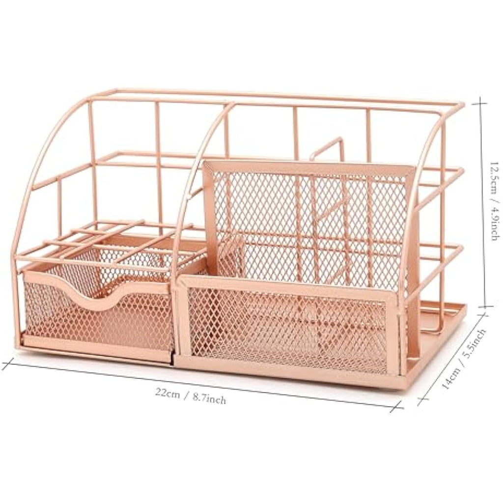 Exerz Mesh Desk Organiser | 7-Compartment Metal Tidy Caddy – Rose Gold