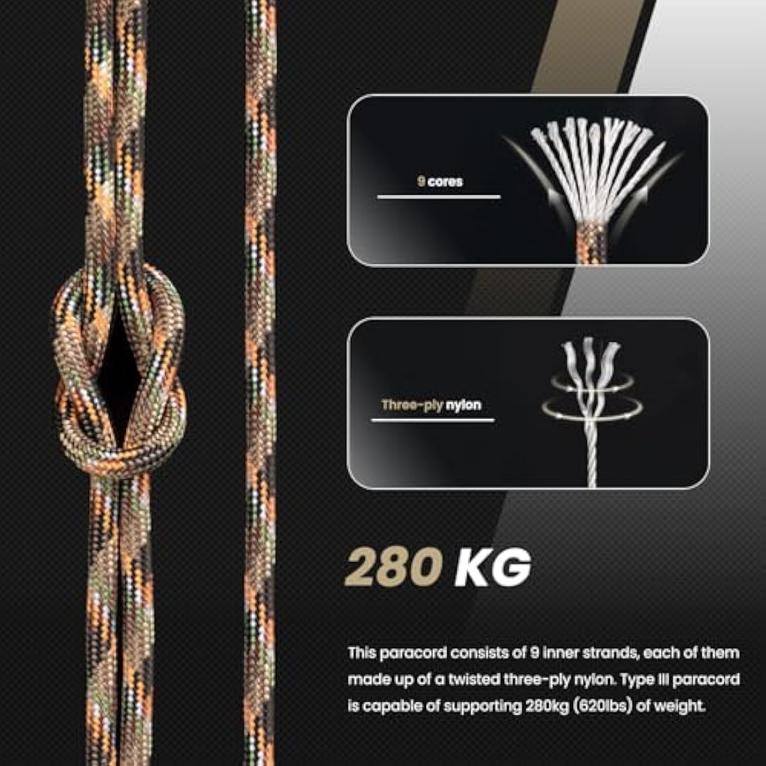Abma Cord 4mm Type III Nylon Paracord – 9 Strands 100m Hidden Camo